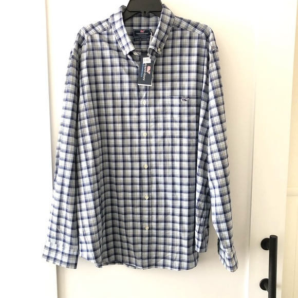 New Vineyard Vines Blue White Plaid Button Down Shirt XXL - Picture 1 of 10